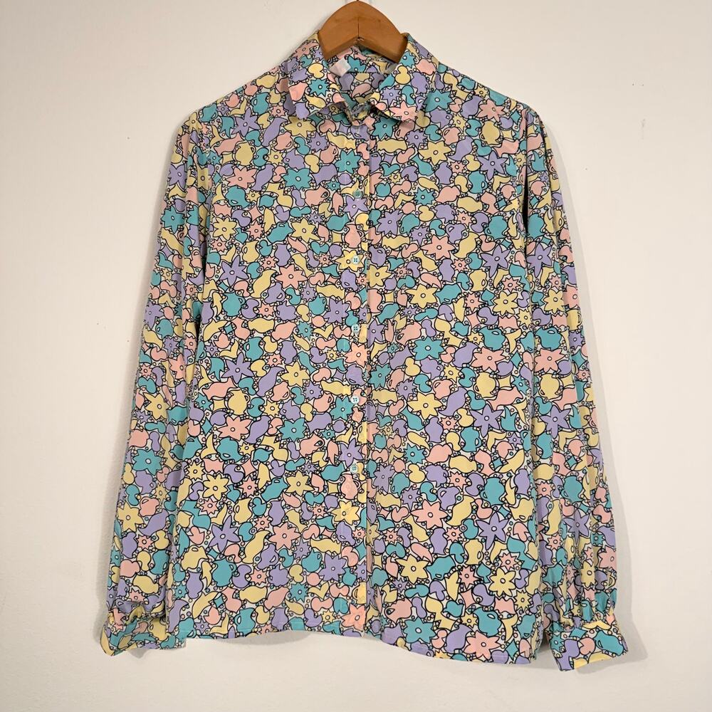 Women's Pastel Floral Abstract Print Long Sleeve Button Front Blouse Size 10